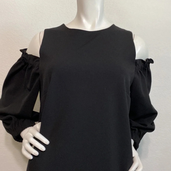 Tibi Black Crew Neck Cold Shoulder Long Sleeve Shift Mini Dress Size 12 - Picture 3 of 7